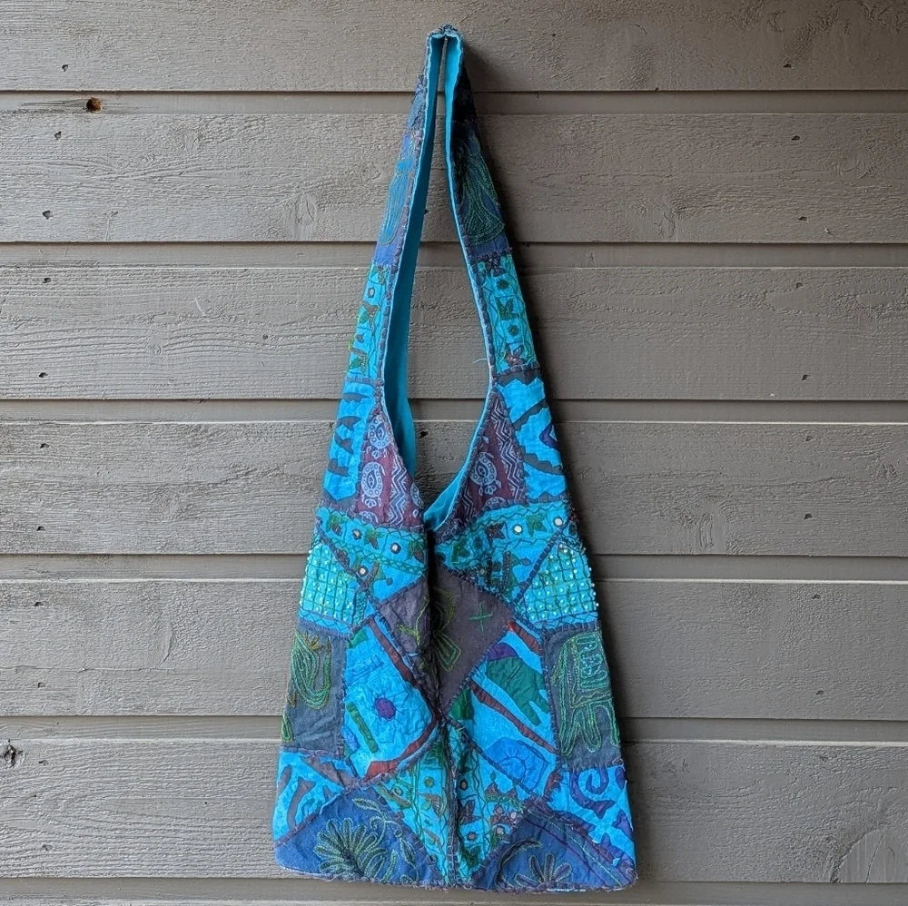 Boho Indian Blue Patchwork Tote Bag 100% Cotton